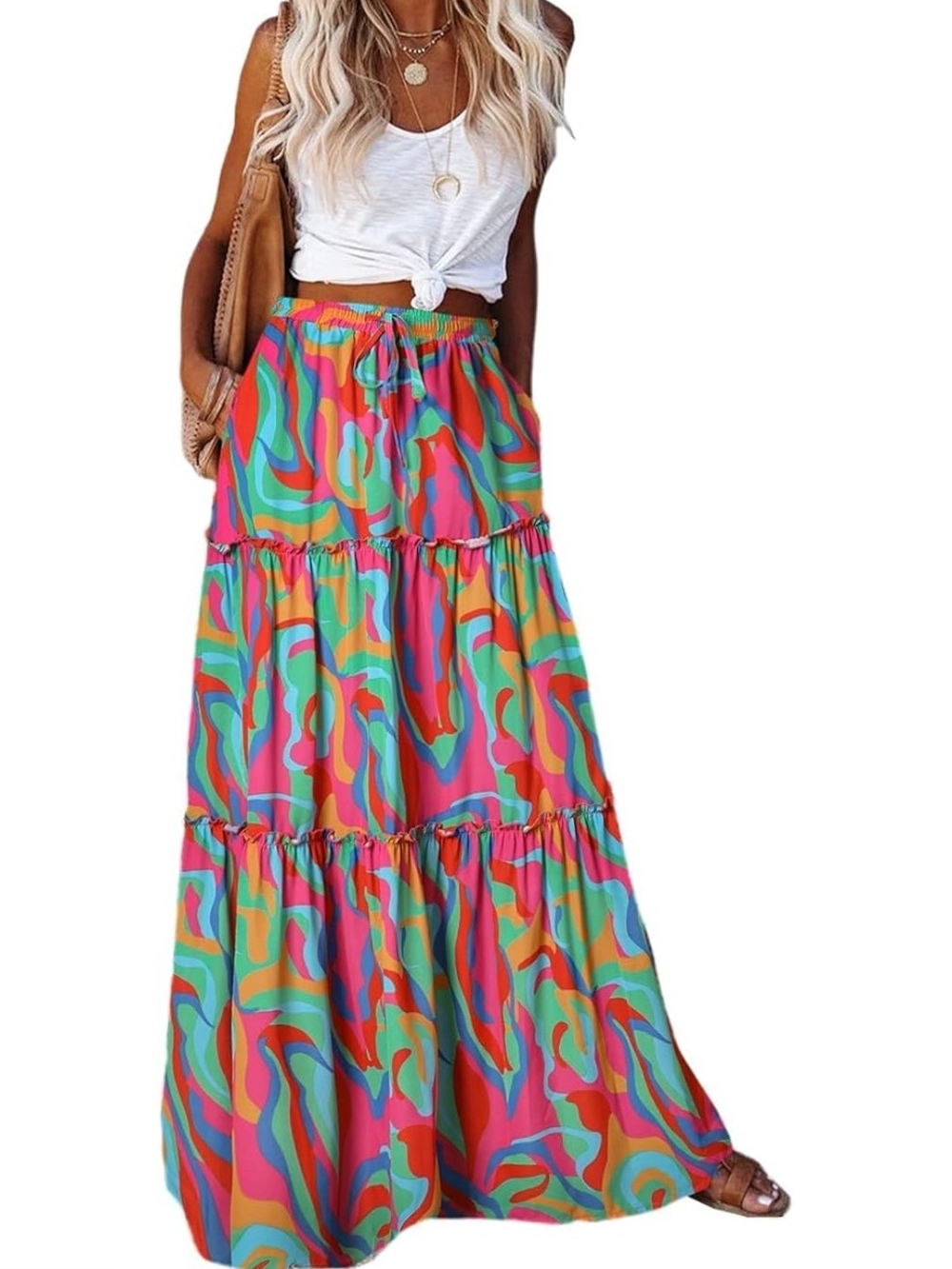 Boho Multi-Color Abstract Tiered Maxi Skirt